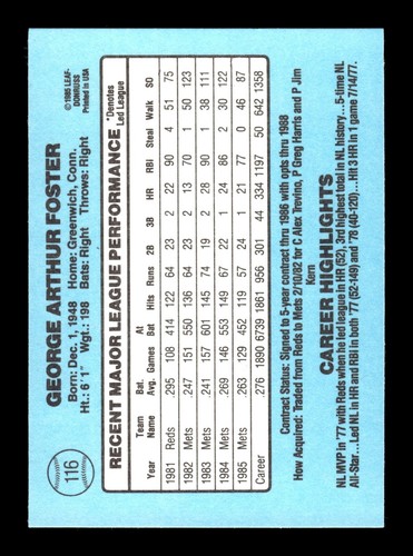 Donruss #116 1986 George Foster New York Mets - Imagen 2 de 2