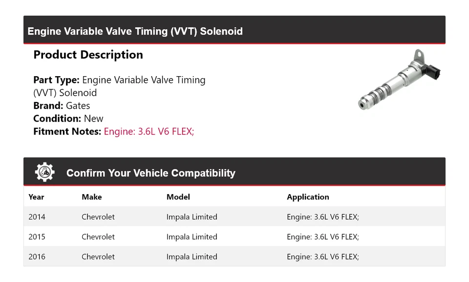 For 2014-2016 Chevrolet Impala Limited 3.6L V6 FLEX Engine VVT Solenoid Gates - Image 2 of 4