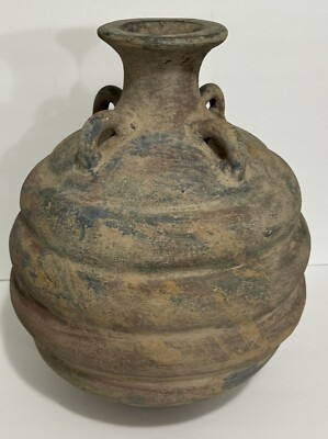 Antique Terracotta 4 Handle Ribbed Painted Pottery Water Vessel Jug Vase