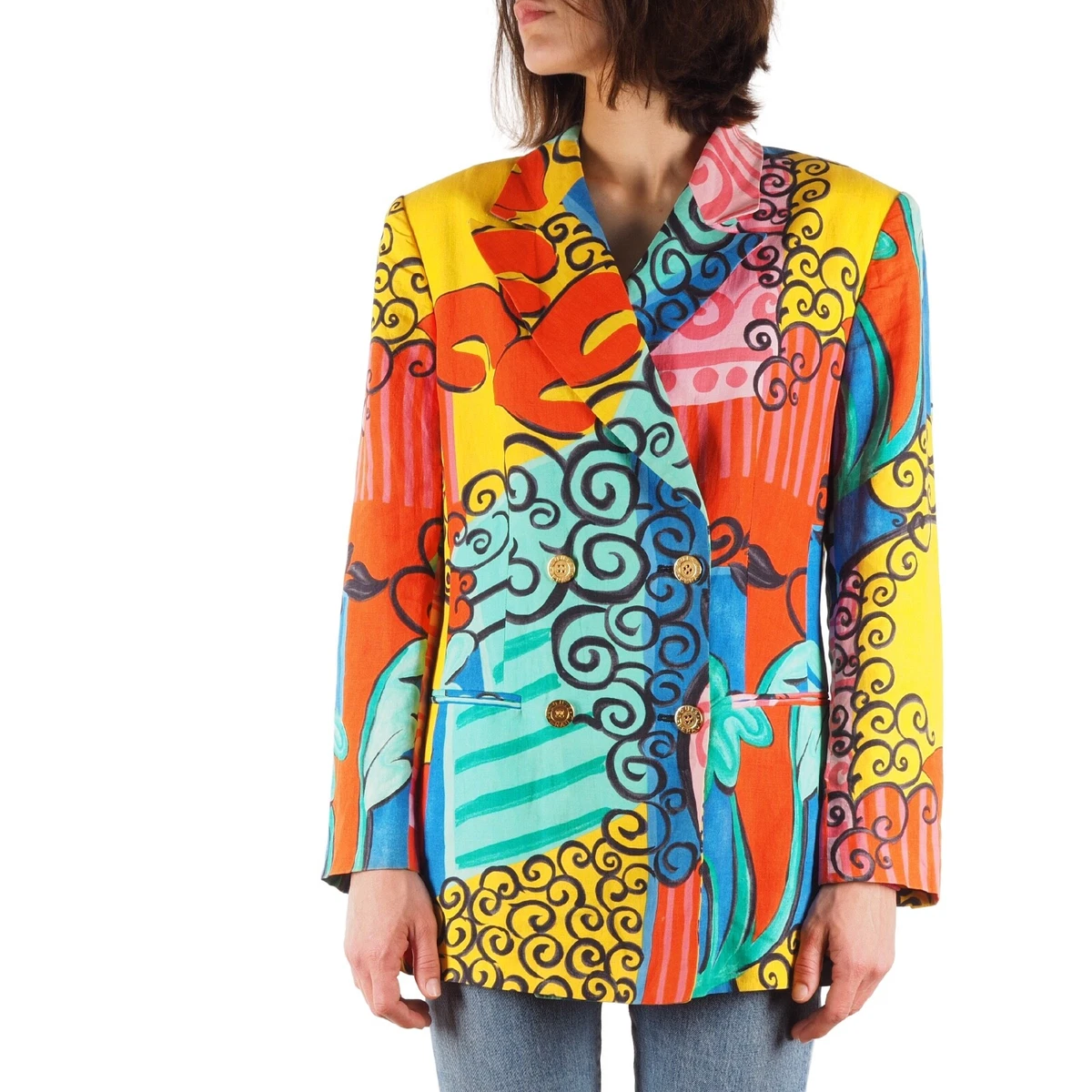 Louis Feraud Vintage 90s Women's Multicolor Crazy Blazer Jacket size US8  UK12