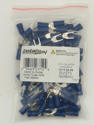 Install Bay BVST8 Vinyl Fork Spade Terminals 16/14 GA #8 Blue 100 Pack New