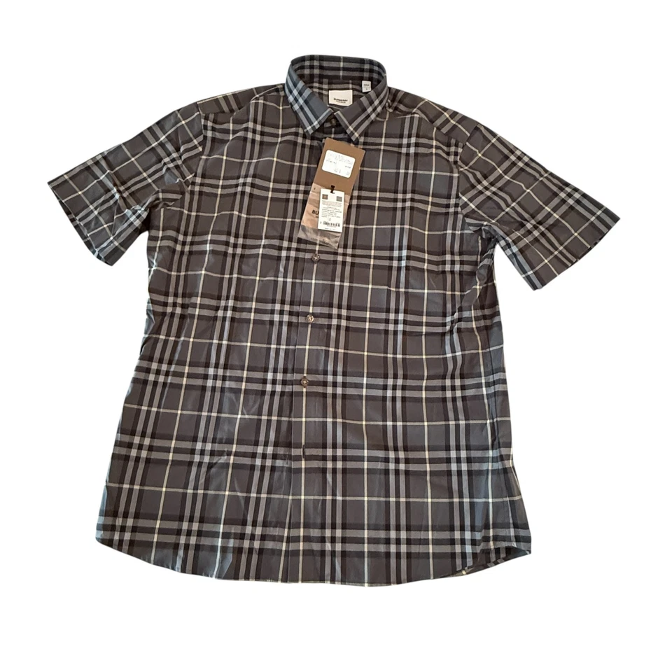 Camisa de algodón manga corta gris a cuadros Burberry SHEFFORD para hombre, 8084691 Foto 3 de 4
