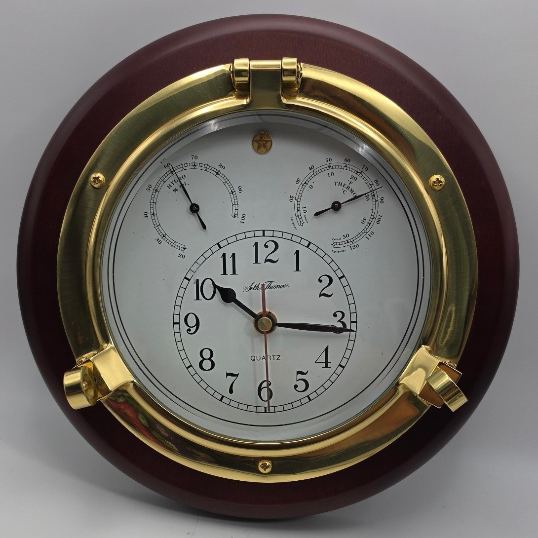 Seth Thomas Meridian 1046 Porthole Wall Clock Brass Wood Nautical Weather Heavy