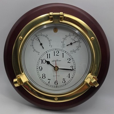 Seth Thomas Meridian 1046 Porthole Wall Clock Brass Wood Nautical Weather Heavy
