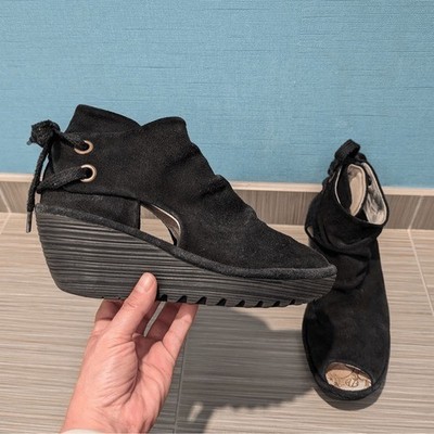Fly London Yama suede laces black wedge booties women Size 39/ 8-8.5US