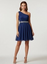 Max &Cleo Womens One-Shoulder Silver Beaded Navy Tulle Cocktail Mini Dress 2