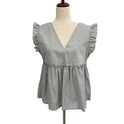 Bella Bliss Gray White Stripe Babydoll Top Women s L Cotton Ruffle Sleeve NWT
