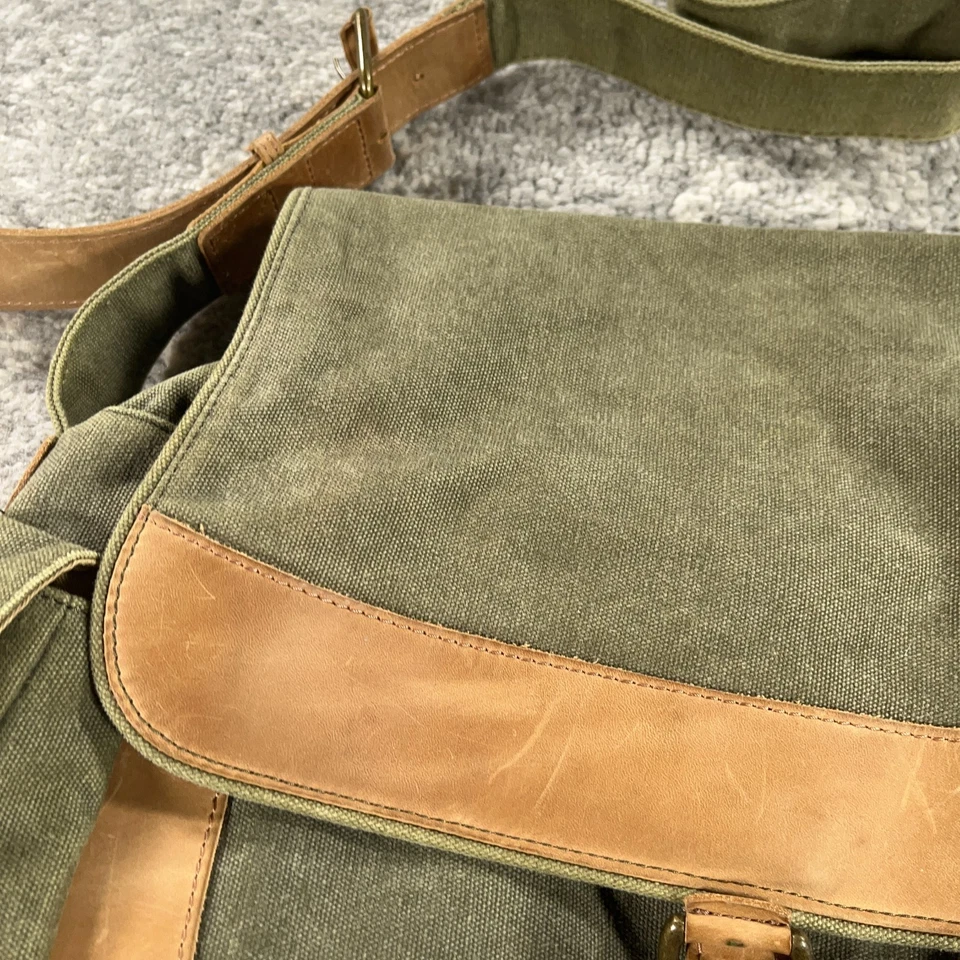 Bolso Mensajero LL Bean Verde Oliva Marrón Lona Cuero Bandolera Campo Safari Foto 2 de 4