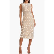 Mac Duggal Beaded Floral Appliqué Midi Sheath Dress - Nude Size 8 style 67853