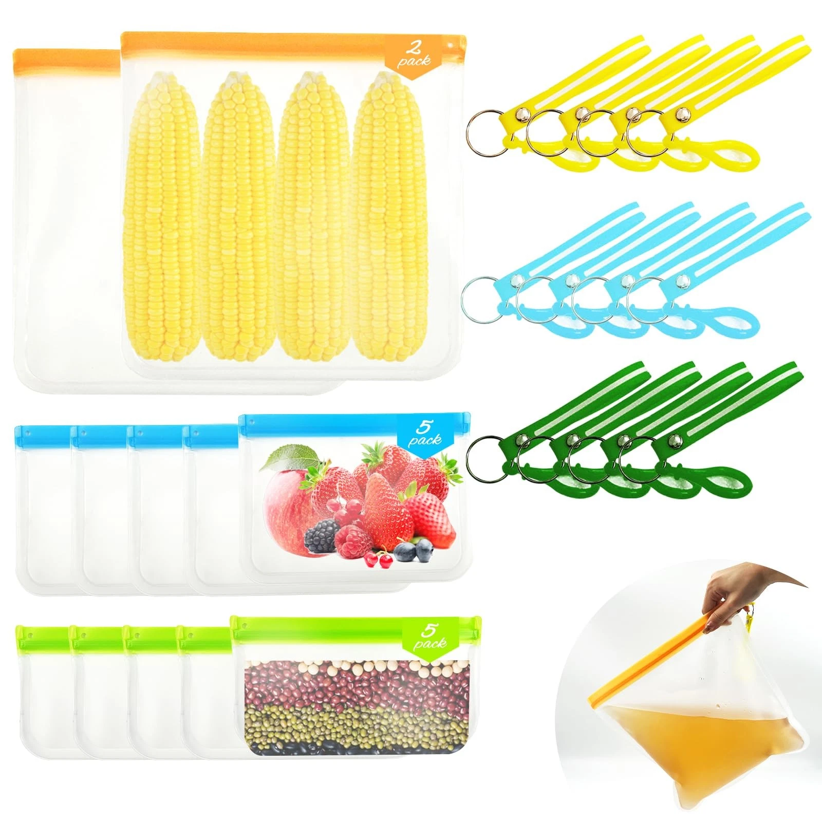 12 Pack Reusable Freezer Bags with 12pcs Silicone Keychain,(XL&L&M) Zip Lock ...