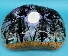 Hand Painted Rock Art ( Blue And Purple Forest Sky) Rock Decor Fairy Home Decor