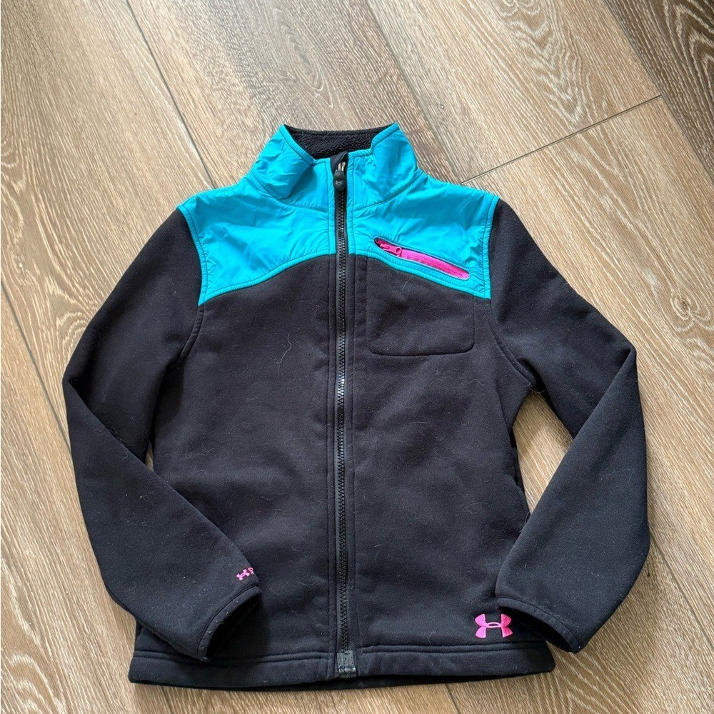 Girls Under Armour Black and Turquoise Fleece youth size medium jacket zip up