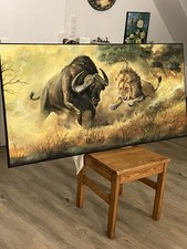 Dipinto acrilico originale dipinto a mano leone bufalo lotta Africa fauna selvatica arte pezzo unico