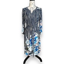 AUW Floral Blue White Stripe Belted Split Neck 3/4 Sleeve Shift Dress Large