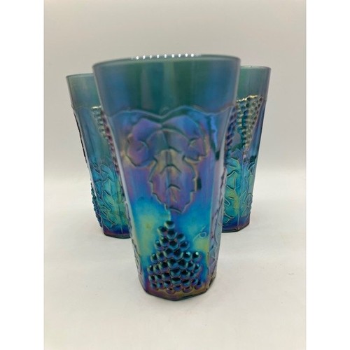 Vintage Carnival Indiana Glass Tumblers Set of 3 Iridescent Grape Leaf Design 6" - Picture 2 of 4