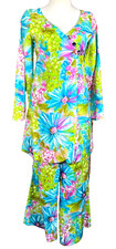 VINTAGE 70s Bright Floral Handmade Watercolor Tunic Pant Set Womens Bell Bottom