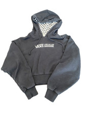 Vans Off The Wall Hooded Crop Sweatshirt M Black Checker Hoodie Skate Retro Y2K