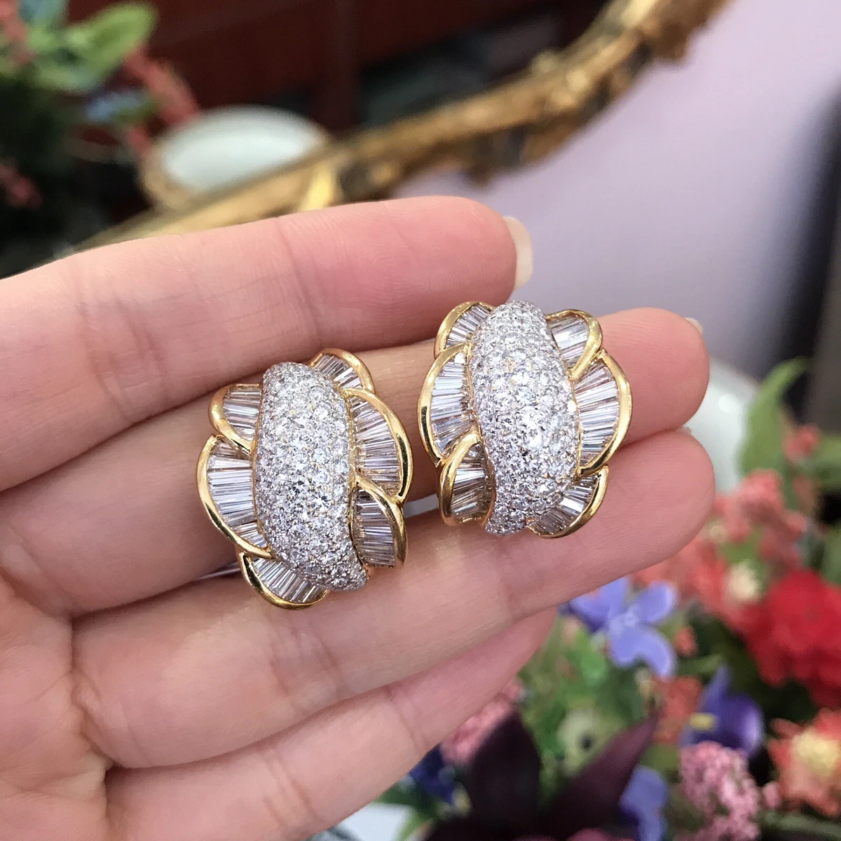 6.81 ct Baguette and Pave Diamond Half Hoop Earrings in 18k Yellow Gold HM2045BI