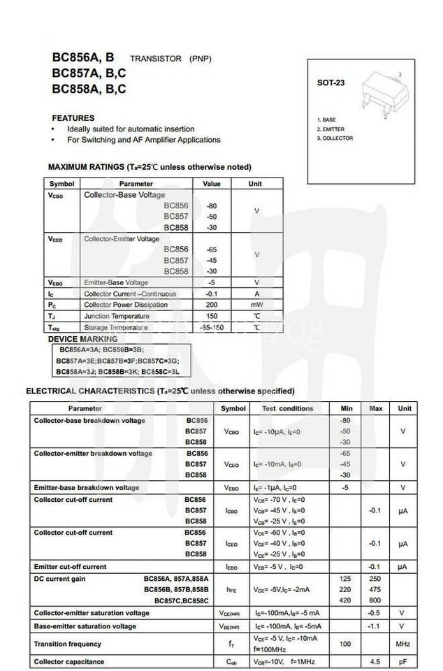 200pcs BC857B 3F 0.1A 45V PNP SOT-23 SMD Transistor - Bild 3 von 4