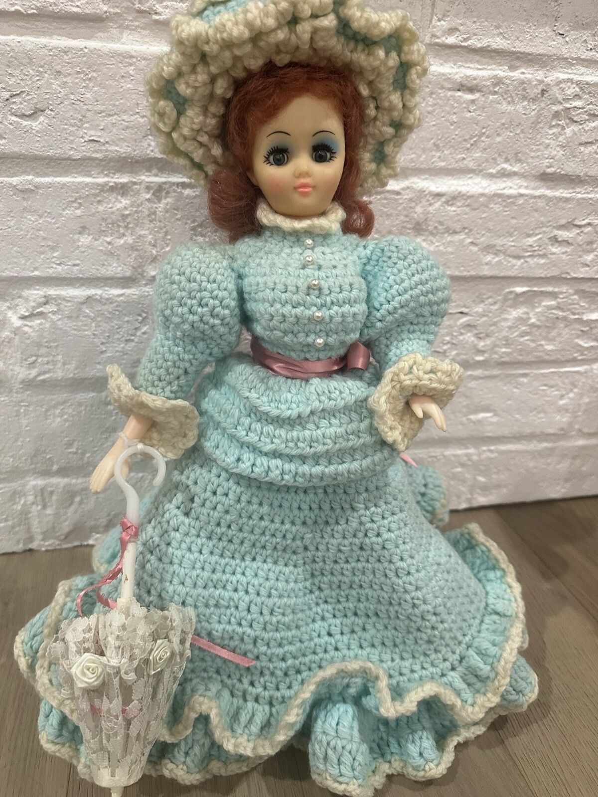 Vintage Crochet Doll Dress with Parasol Handmade Outfit