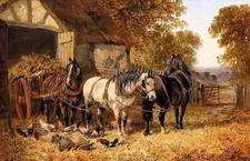 Oil painting john frederick herring - the hay cart carriage horses landscape 36"