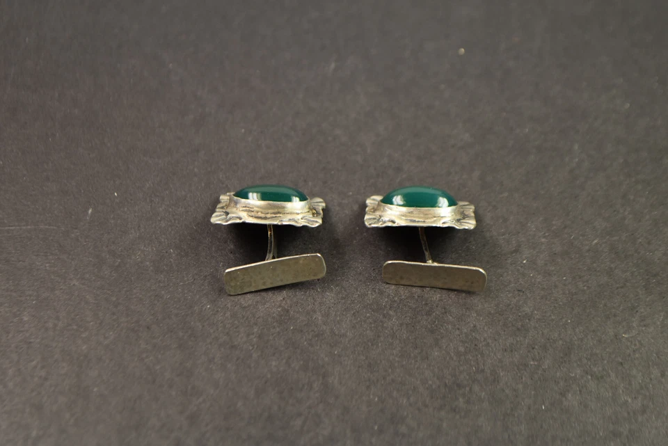 Paar antike Manschettenknöpfe Silber 900 grüner Achat bez. Servoz Paris um 1940 - Bild 3 von 4