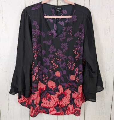 Liz Claiborne Size 0X Black Purple Floral V Neck Flutter Sleeve Womens Blouse