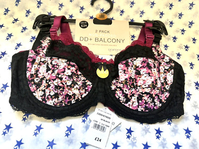 NEU! Debenhams Wunderschöner UK32DD 2er Pack Schwarz Floral / Fuchsia Daisy Balconette BH