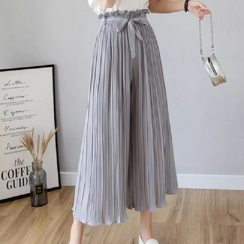 Womens Loose High Waist Chiffon Pleated Wide Legs Trousers Casual