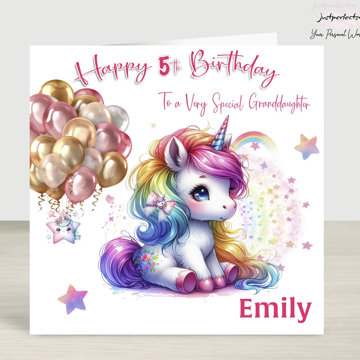 Personalised Stunning Unicorn Rainbow Birthday card girls - Main Image