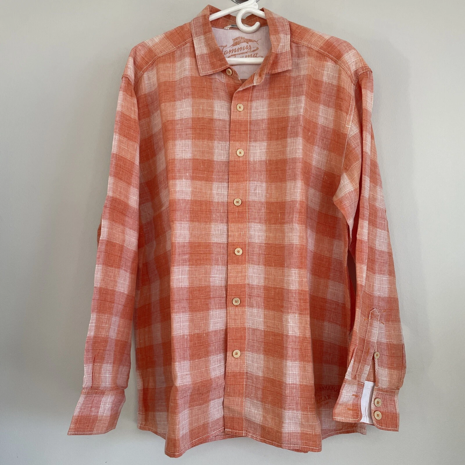 Tommy Bahama Men’s Linen Orange/White Checkerboard Long Sleeve Shirt Size XL