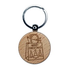 Merry Christmas Gift Bag Engraved Wood Round Keychain Tag Charm