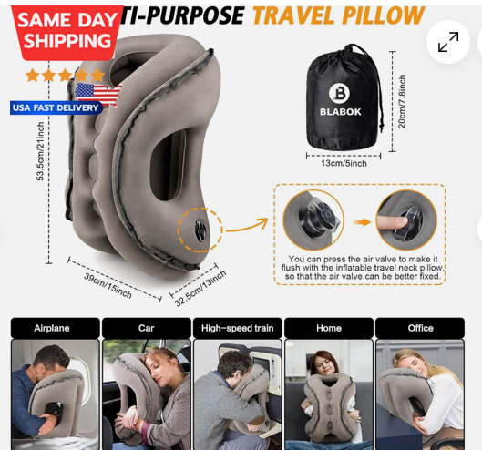 Inflatable Travel Neck Pillow for Airplanes Trains and Cars  
