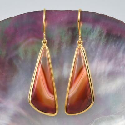 Ohrringe Verbunden Achat Cabochon & 18K Gold Vermeil Über Sterlingsilber 6.47 G