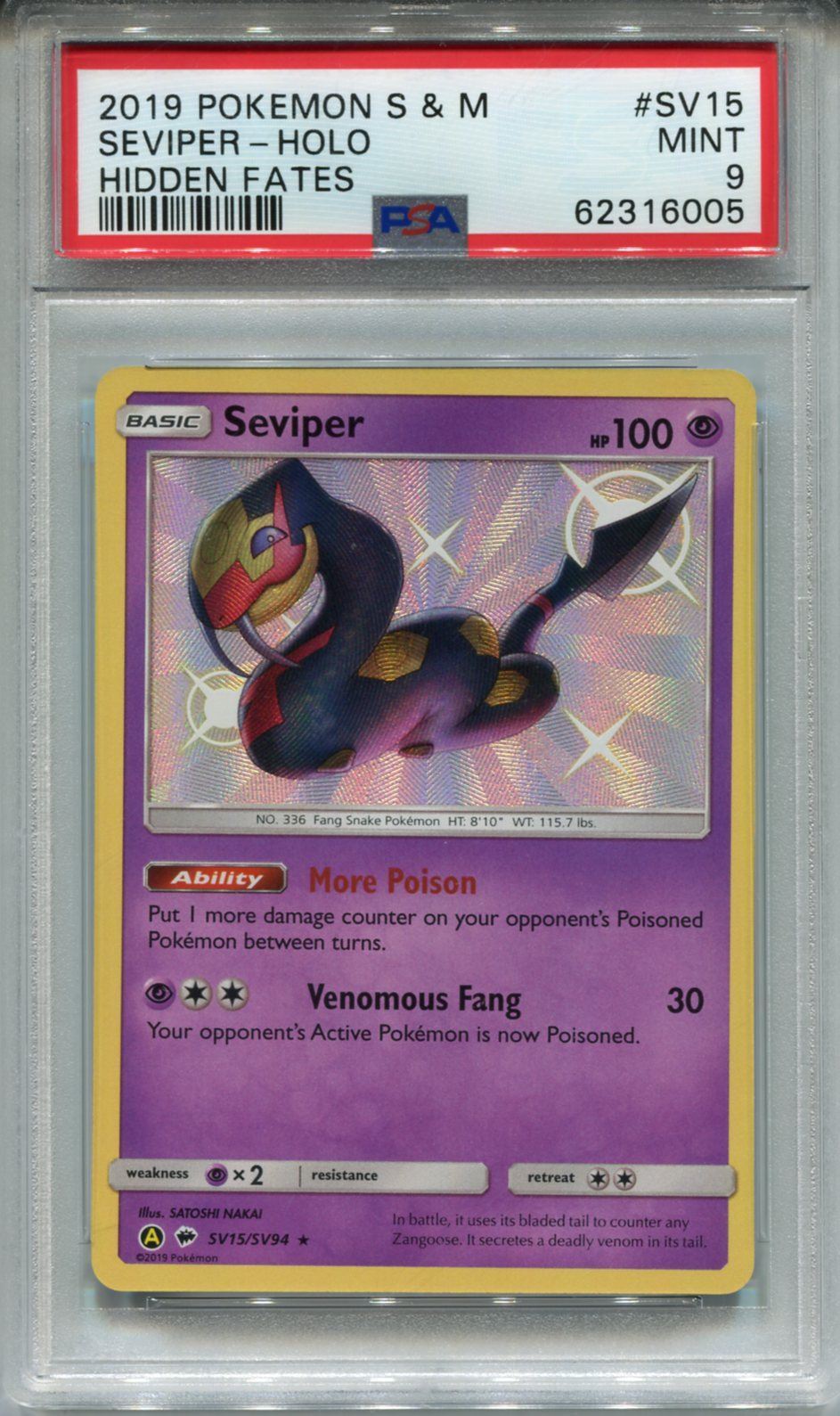 Pokemon Sun & Moon Hidden Fates Shiny Vault Card SV15 Seviper PSA 9