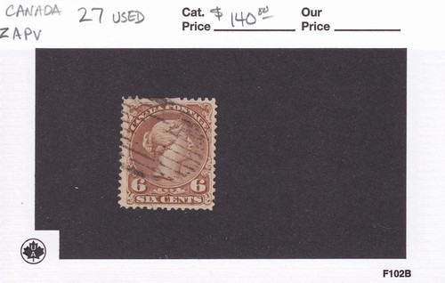 MATT'S STAMPS SCOTT CANADA #27, 6-CENT DARK BROWN 1868-1876 ISSUE, USED, CV$140 - Picture 3 of 3