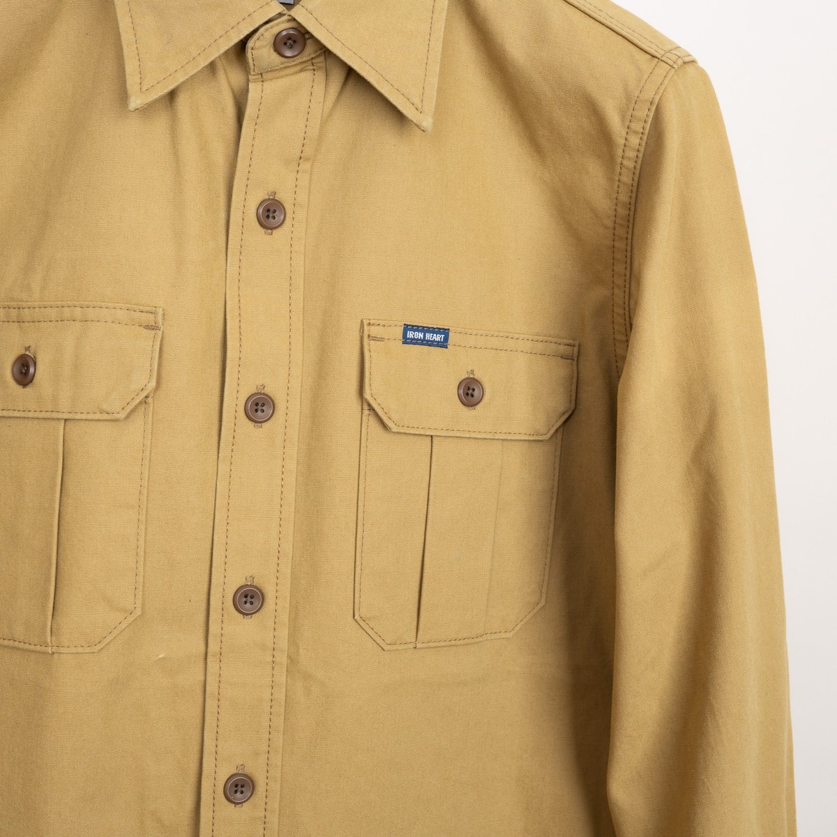 Iron Heart Military Shirt Size S Men Beige 9oz Cotton Canvas