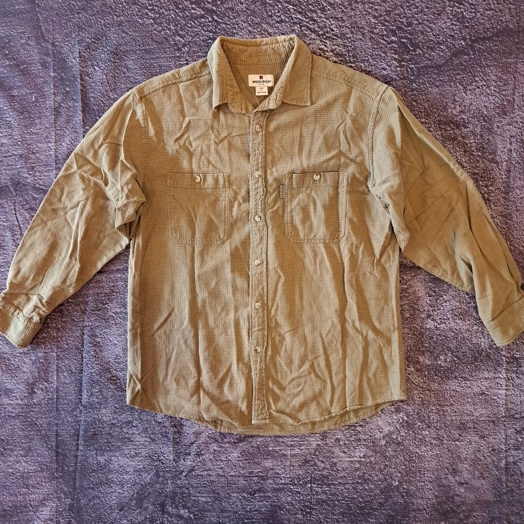 Woolrich Men's Button Up Shirt Large Brown Textured Longsleeve