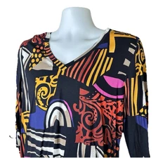 Vintage Libra Size XL Arty Geometric Colorful V-Neck 3/4 Sleeve Stretch Top EUC