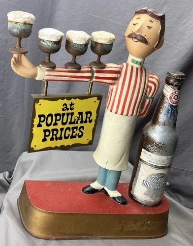Vintage 1960's Pabst Blue Ribbon Beer Bartender Cast Metal Display Statue Sign