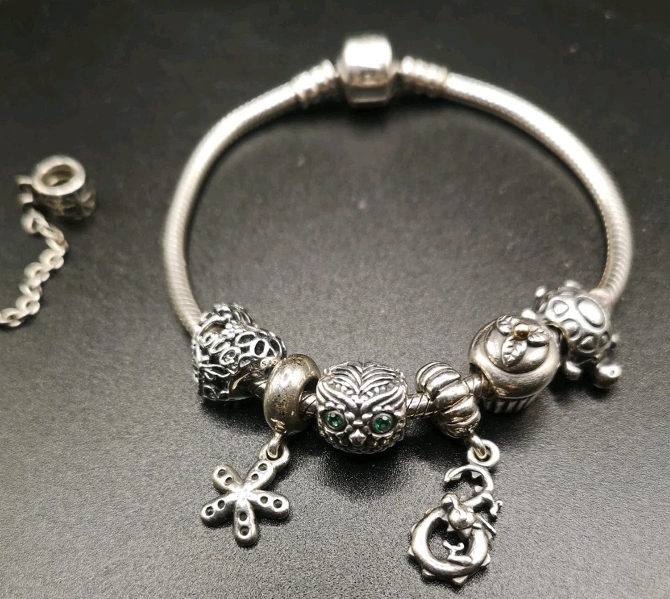 Pandora Charm Bracelet & 7 Charms Sterling Silver 7.5" - Image 4 of 4
