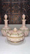 RARE FENTON PEACHY PINK CHARLETON VANITY DRESSER PERFUME SET ROSES AND GOLD