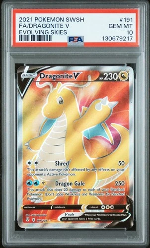 2021 POKEMON SWORD & SHIELD EVOLVING SKIES #191 FULL ART/DRAGONITE V PSA 10