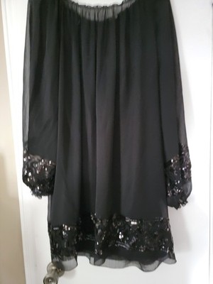 Glamorous Black Party  Sequin Trim Dress  Tunic With Attached Slip Tank 