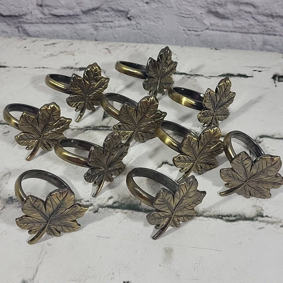 Juego de 10 servilleteros de metal con hoja de arce brillo acabado bronce antiguo vacaciones Foto 2 de 4