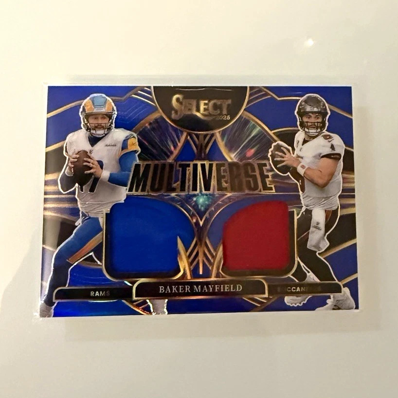 2025 Panini Select - Multiverse Baker Mayfield #MVJ-BMD Blue Prizm Dual MEM