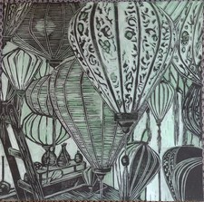 Asiatischer Original Kunst Linolschnitt Druck Bild Vietnamesisch Nacht Grün Seide Laterne