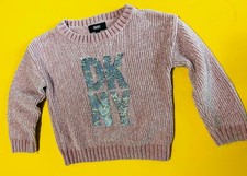 DKNY Girls Size 4 Sweater Dusty Rose Pink Chenille Knit Sequin Logo Pullover