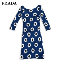PRADA Dress Size 38 Silk Navy Floral Print Long Sleeve Elegant Style