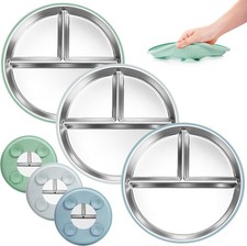 3 Pack Stainless Steel Toddler Plates with Silicone Suction, Divided, Green/Blue